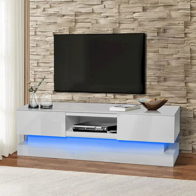 White 63 TV Stand with Drawers & LED Lights for 65 TVs