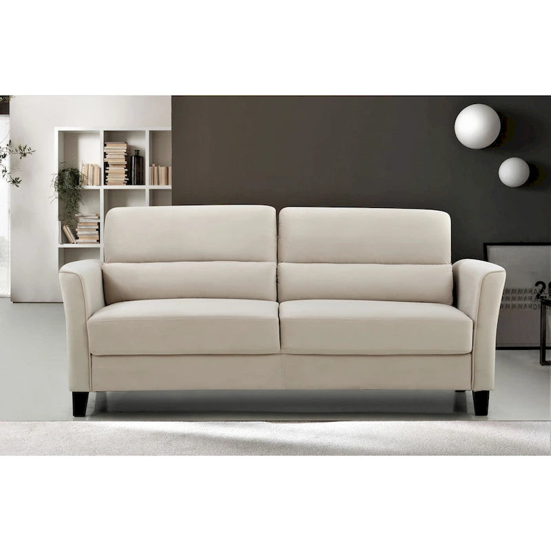 Modernes Sofa im Mid-Century-Stil mit gepolsterten, abgeschrägten Armlehnen für das Wohnzimmer