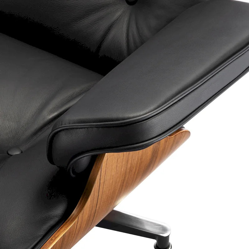 Genuine Leather Accent Lounge Chair and Ottoman Walnut Wood