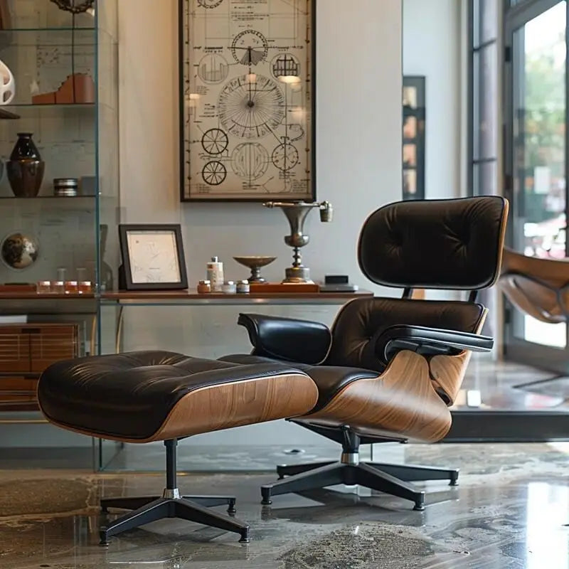 Genuine Leather Accent Lounge Chair and Ottoman Walnut Wood