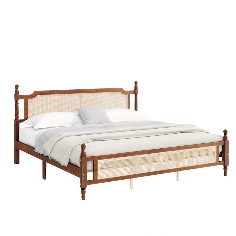 Houten bed met hoofdbord en voetbord van rotan, kingsize bed met laag platformprofiel