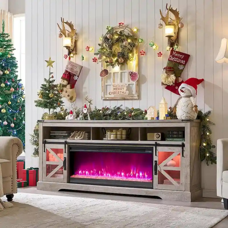 Farmhouse Fireplace TV Stand for 80 TV, Rustic Entertainment Center