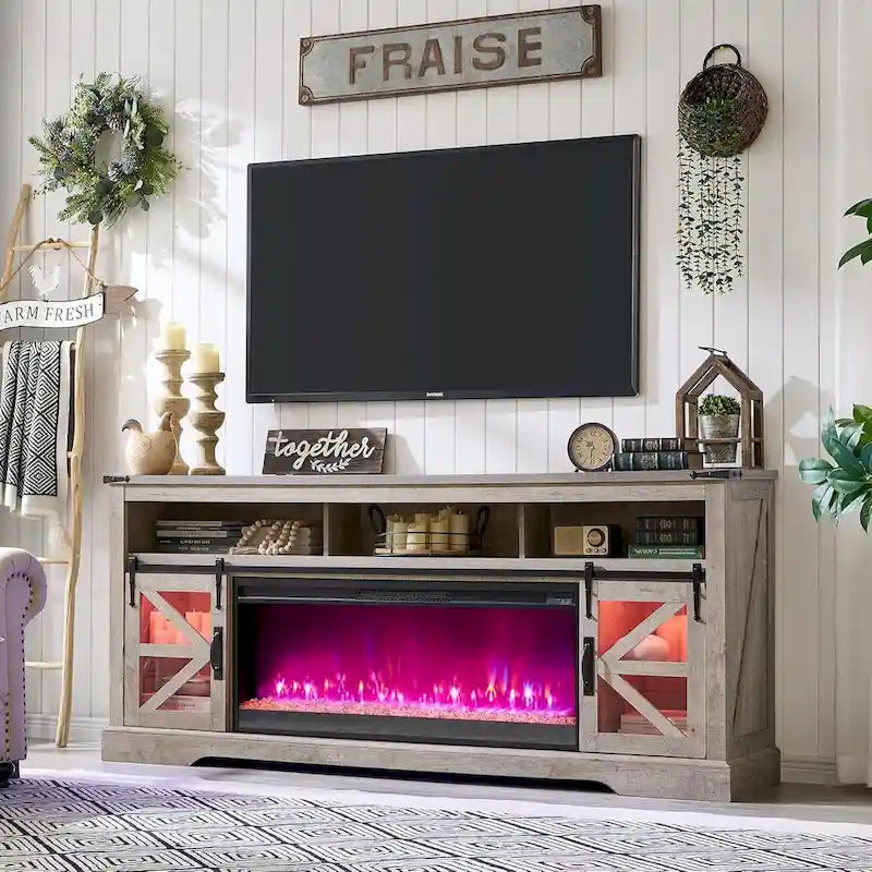 Landelijk tv-meubel met haard voor 80-inch tv, rustiek entertainmentcenter