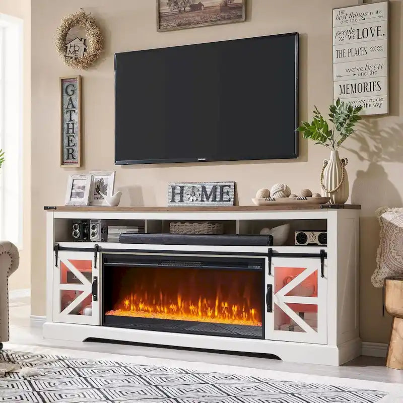 Landelijk tv-meubel met haard voor 80-inch tv, rustiek entertainmentcenter