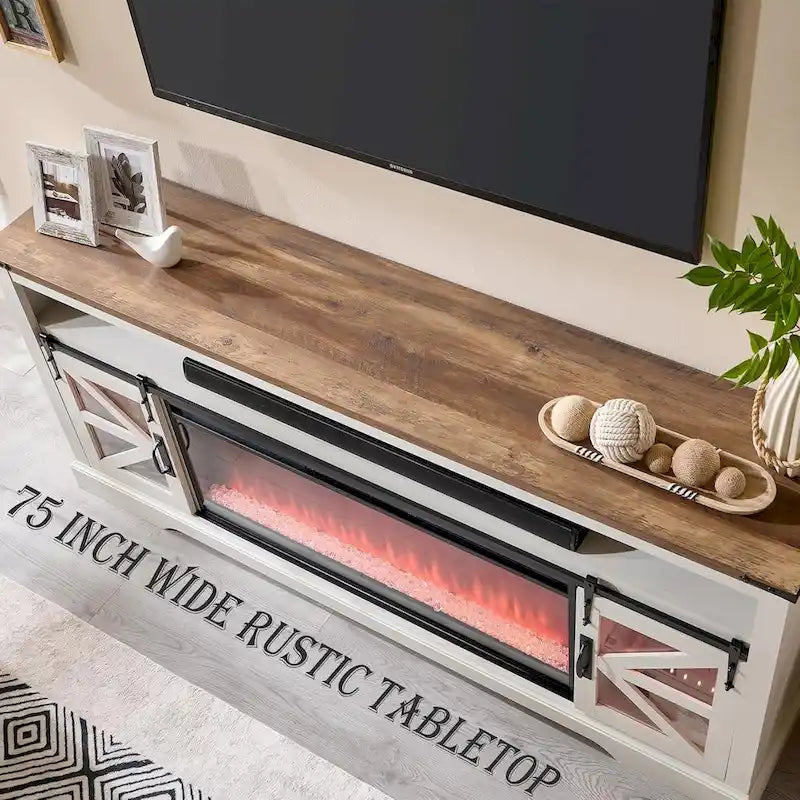 Landelijk tv-meubel met haard voor 80-inch tv, rustiek entertainmentcenter