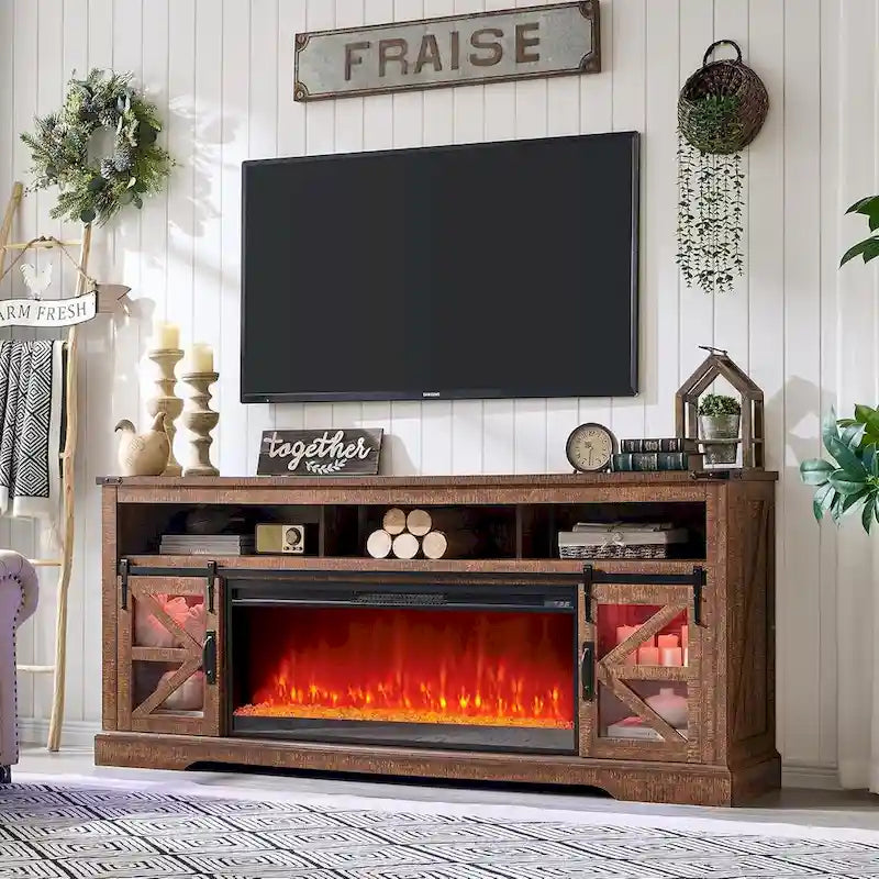Landelijk tv-meubel met haard voor 80-inch tv, rustiek entertainmentcenter