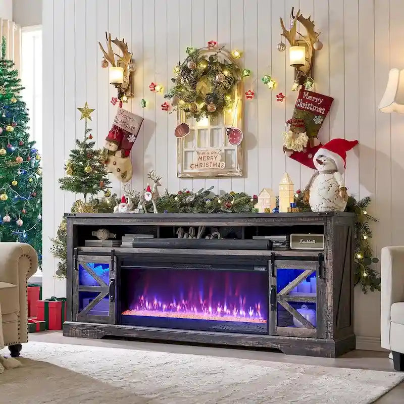 Landelijk tv-meubel met haard voor 80-inch tv, rustiek entertainmentcenter