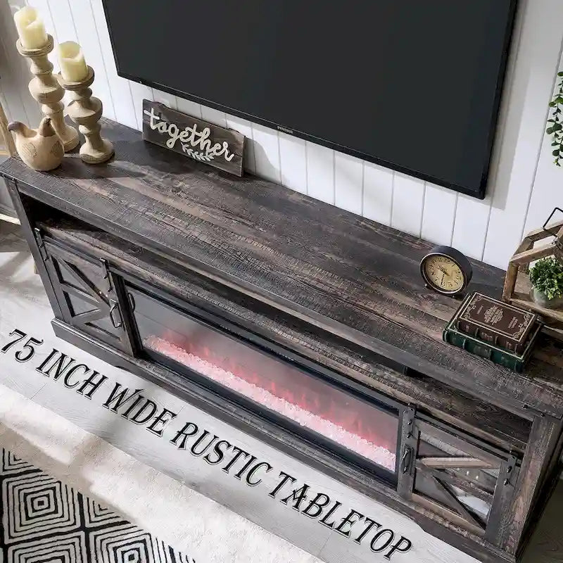Landelijk tv-meubel met haard voor 80-inch tv, rustiek entertainmentcenter