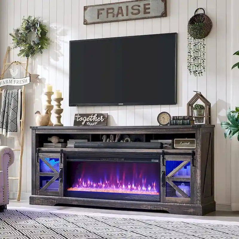Landelijk tv-meubel met haard voor 80-inch tv, rustiek entertainmentcenter