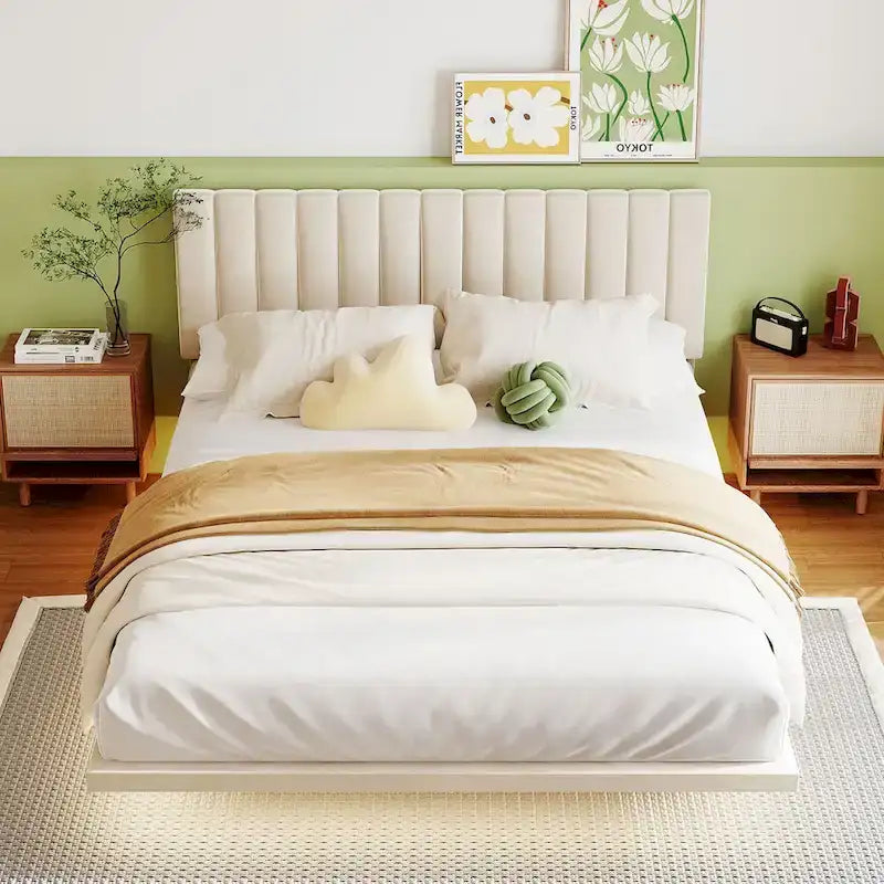 Vertical Line Headboard Bed Frame, Velvet Upholstered Floating Platform Bed, Sensor Lights Under the Headboard on Both Sides