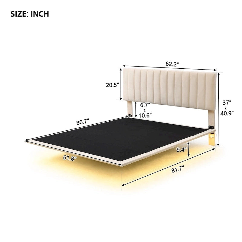 Bedframe met hoofdbord met verticale lijnen, zwevend platformbed met fluwelen bekleding