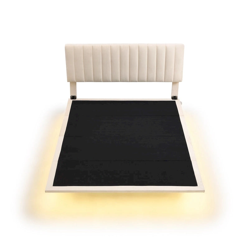 Bedframe met hoofdbord met verticale lijnen, zwevend platformbed met fluwelen bekleding