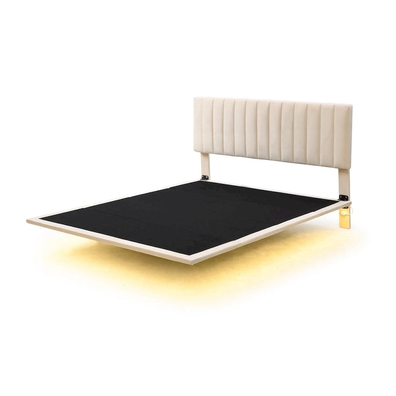 Bedframe met hoofdbord met verticale lijnen, zwevend platformbed met fluwelen bekleding