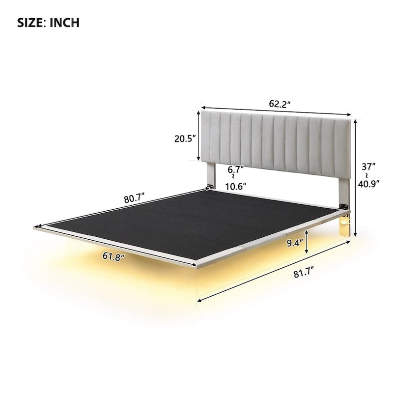 Bedframe met hoofdbord met verticale lijnen, zwevend platformbed met fluwelen bekleding