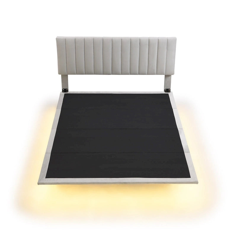 Bedframe met hoofdbord met verticale lijnen, zwevend platformbed met fluwelen bekleding