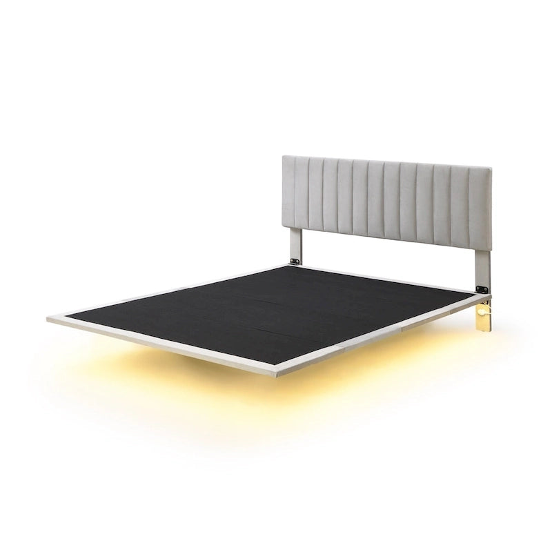 Bedframe met hoofdbord met verticale lijnen, zwevend platformbed met fluwelen bekleding