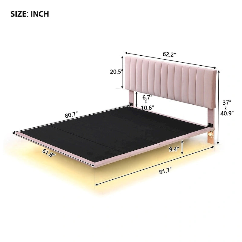 Bedframe met hoofdbord met verticale lijnen, zwevend platformbed met fluwelen bekleding