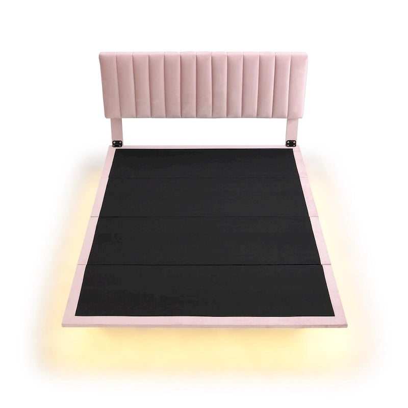 Bedframe met hoofdbord met verticale lijnen, zwevend platformbed met fluwelen bekleding