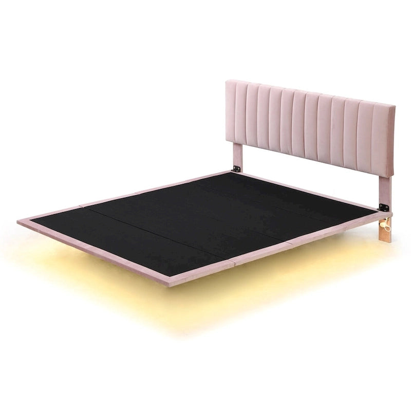 Bedframe met hoofdbord met verticale lijnen, zwevend platformbed met fluwelen bekleding