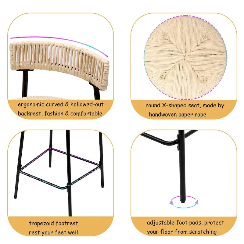 Hand-woven bar stool with backrest