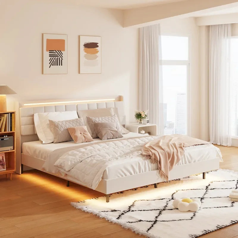 King Size Floating Upholstered Platform Bed with Hidden Storage