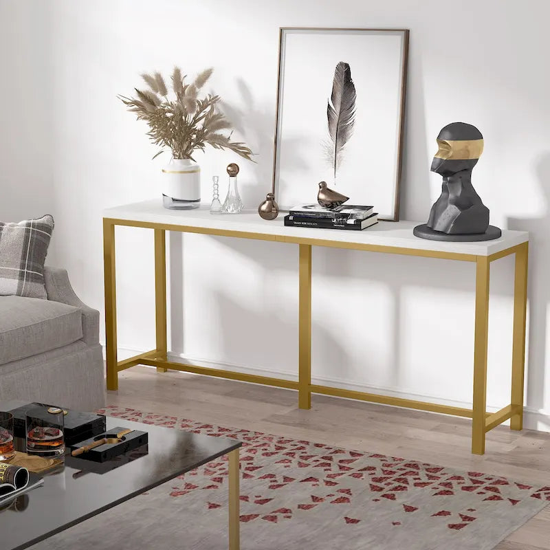 Extra lange consoletafel achter de bank, smalle haltafel