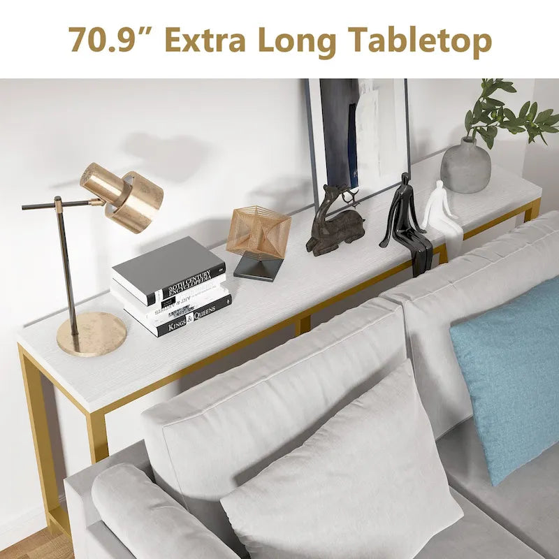 Extra lange consoletafel achter de bank, smalle haltafel