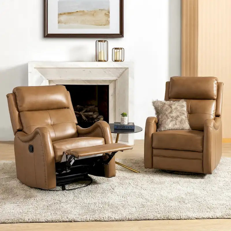 Draaibare leren relaxfauteuil met schommelmechanisme en sierranden met spijkerkoppen