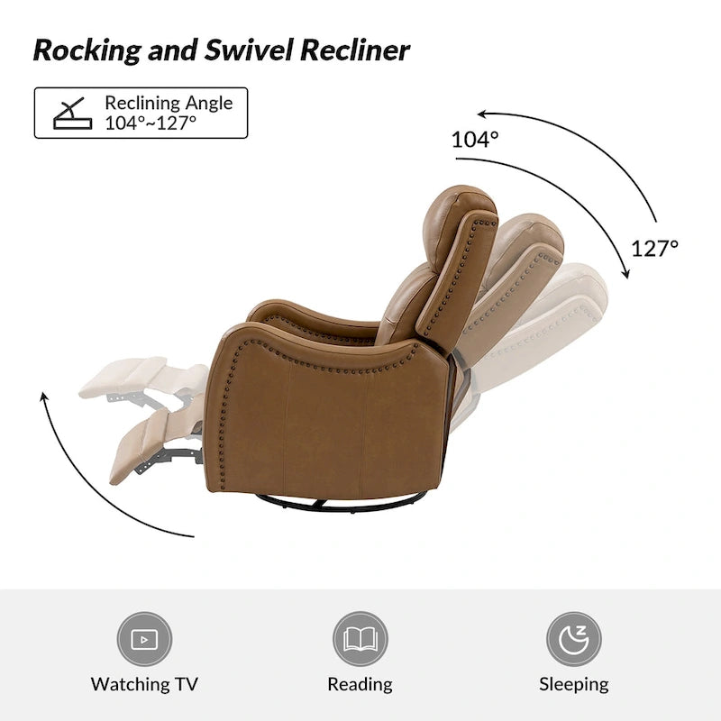 Draaibare leren relaxfauteuil met schommelmechanisme en sierranden met spijkerkoppen