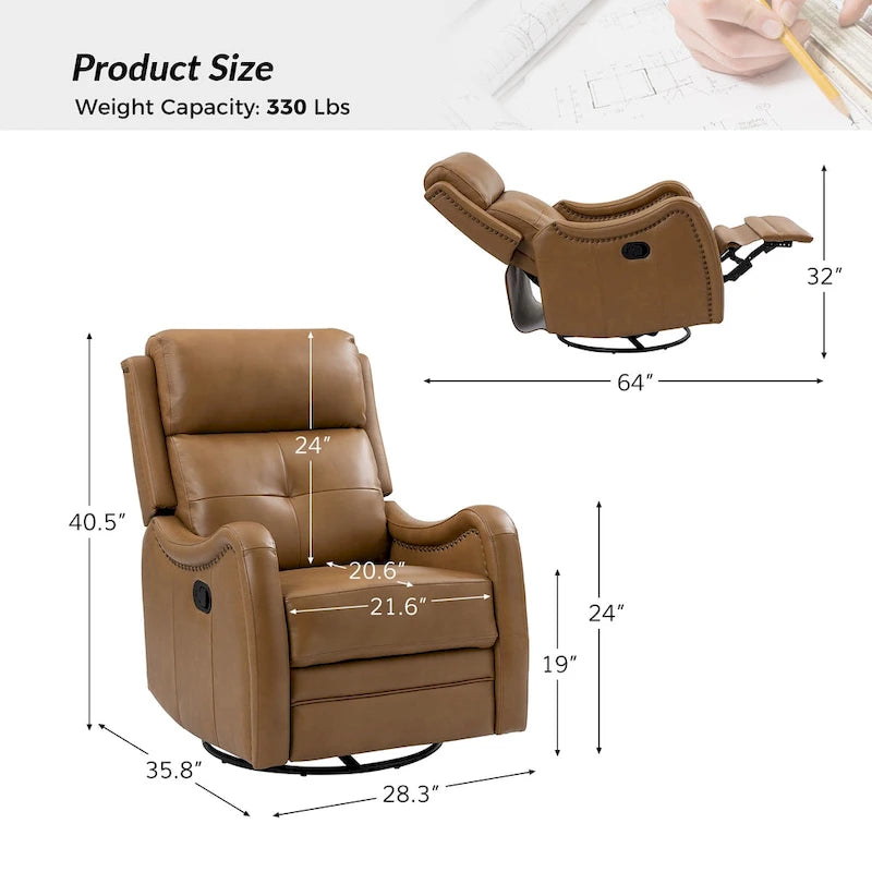 Draaibare leren relaxfauteuil met schommelmechanisme en sierranden met spijkerkoppen