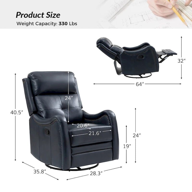 Draaibare leren relaxfauteuil met schommelmechanisme en sierranden met spijkerkoppen