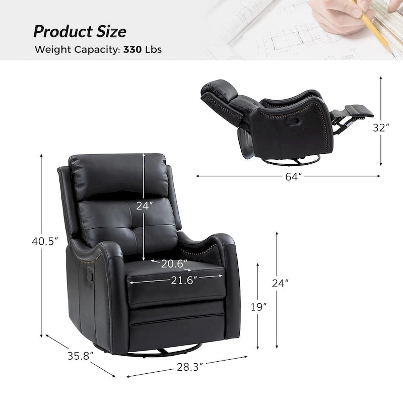 Draaibare leren relaxfauteuil met schommelmechanisme en sierranden met spijkerkoppen