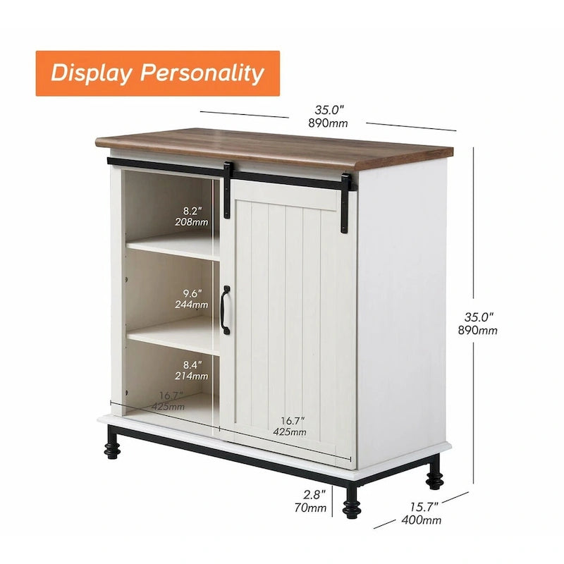 Keukenbuffet en haltafel, wit, landelijke stijl, met schuifdeur in schuurstijl