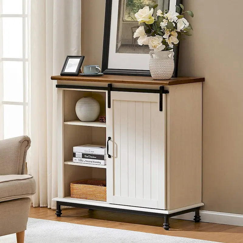 Keukenbuffet en haltafel, wit, landelijke stijl, met schuifdeur in schuurstijl