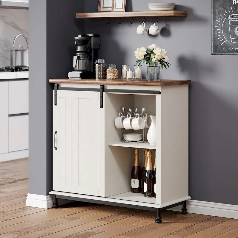 Keukenbuffet en haltafel, wit, landelijke stijl, met schuifdeur in schuurstijl
