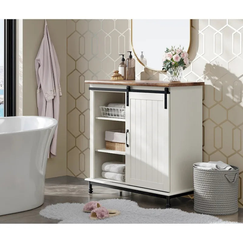Keukenbuffet en haltafel, wit, landelijke stijl, met schuifdeur in schuurstijl