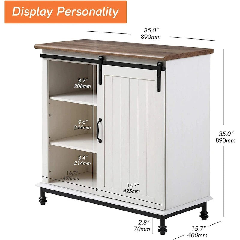 Keukenbuffet en haltafel, wit, landelijke stijl, met schuifdeur in schuurstijl