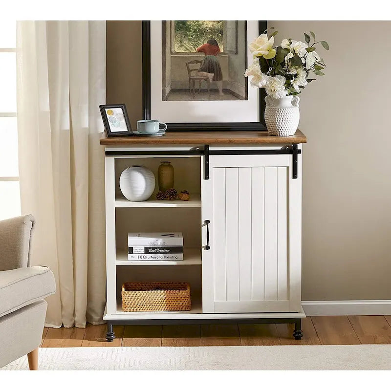 Keukenbuffet en haltafel, wit, landelijke stijl, met schuifdeur in schuurstijl