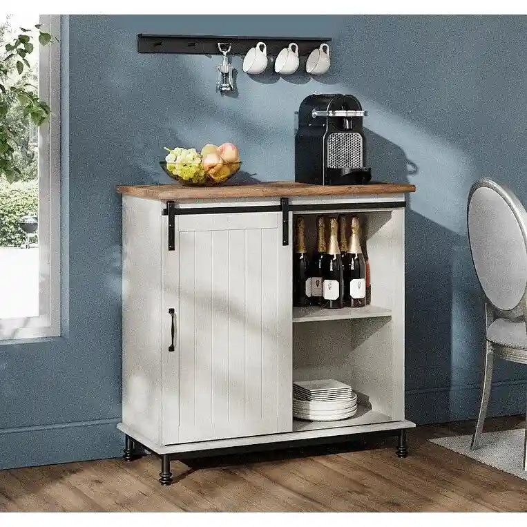Keukenbuffet en haltafel, wit, landelijke stijl, met schuifdeur in schuurstijl