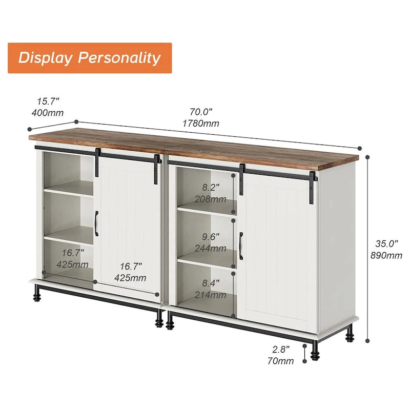 Keukenbuffet en haltafel, wit, landelijke stijl, met schuifdeur in schuurstijl