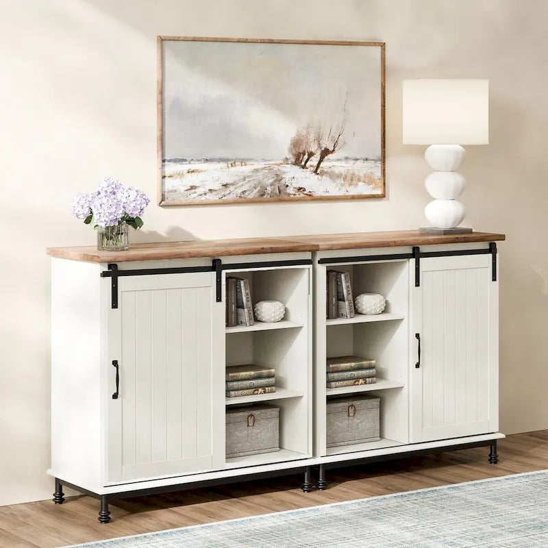 Keukenbuffet en haltafel, wit, landelijke stijl, met schuifdeur in schuurstijl
