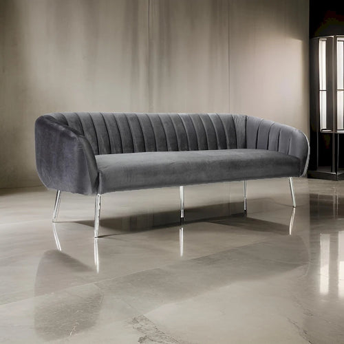 Decy 74 Inch Sofa, Channel Stitched, Cushioned Seat, Gray Velvet, Silver