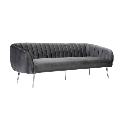 74 Inch Sofa, Channel Stitched, Cushioned Seat, Gray Velvet, Silver