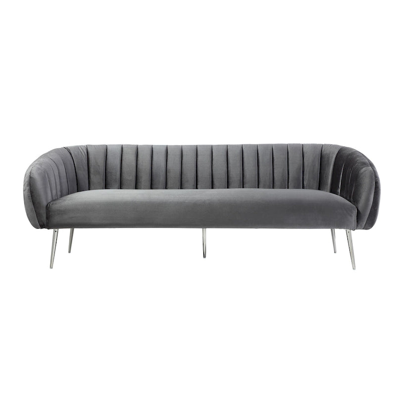 Bank van 74 inch, met channel-stiksel, gewatteerde zitting, grijs fluweel, zilver