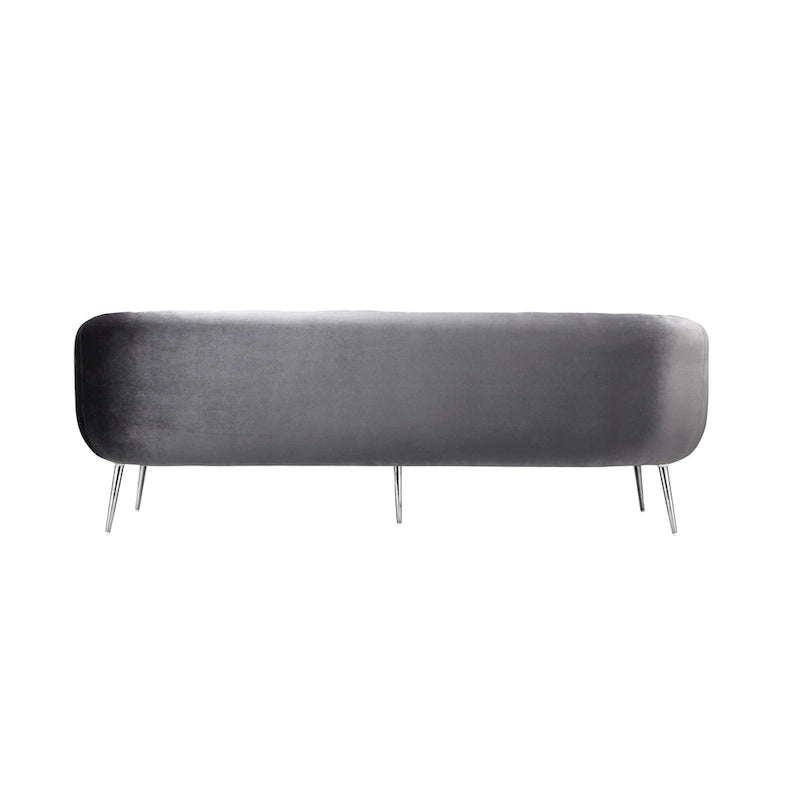Bank van 74 inch, met channel-stiksel, gewatteerde zitting, grijs fluweel, zilver