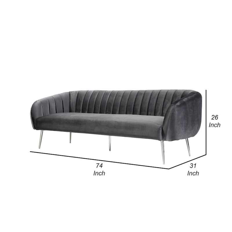 Bank van 74 inch, met channel-stiksel, gewatteerde zitting, grijs fluweel, zilver